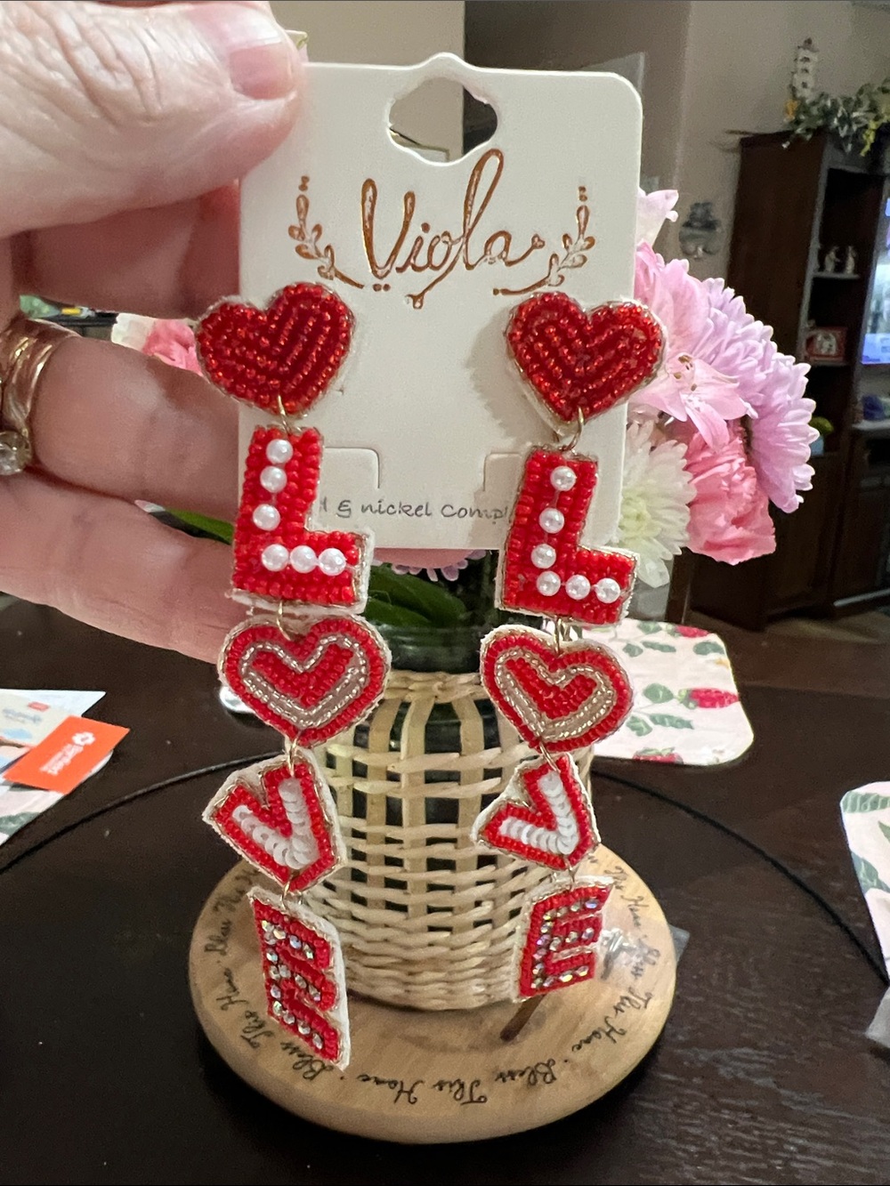 New Viola Red Beaded LOVE Drop Earrings